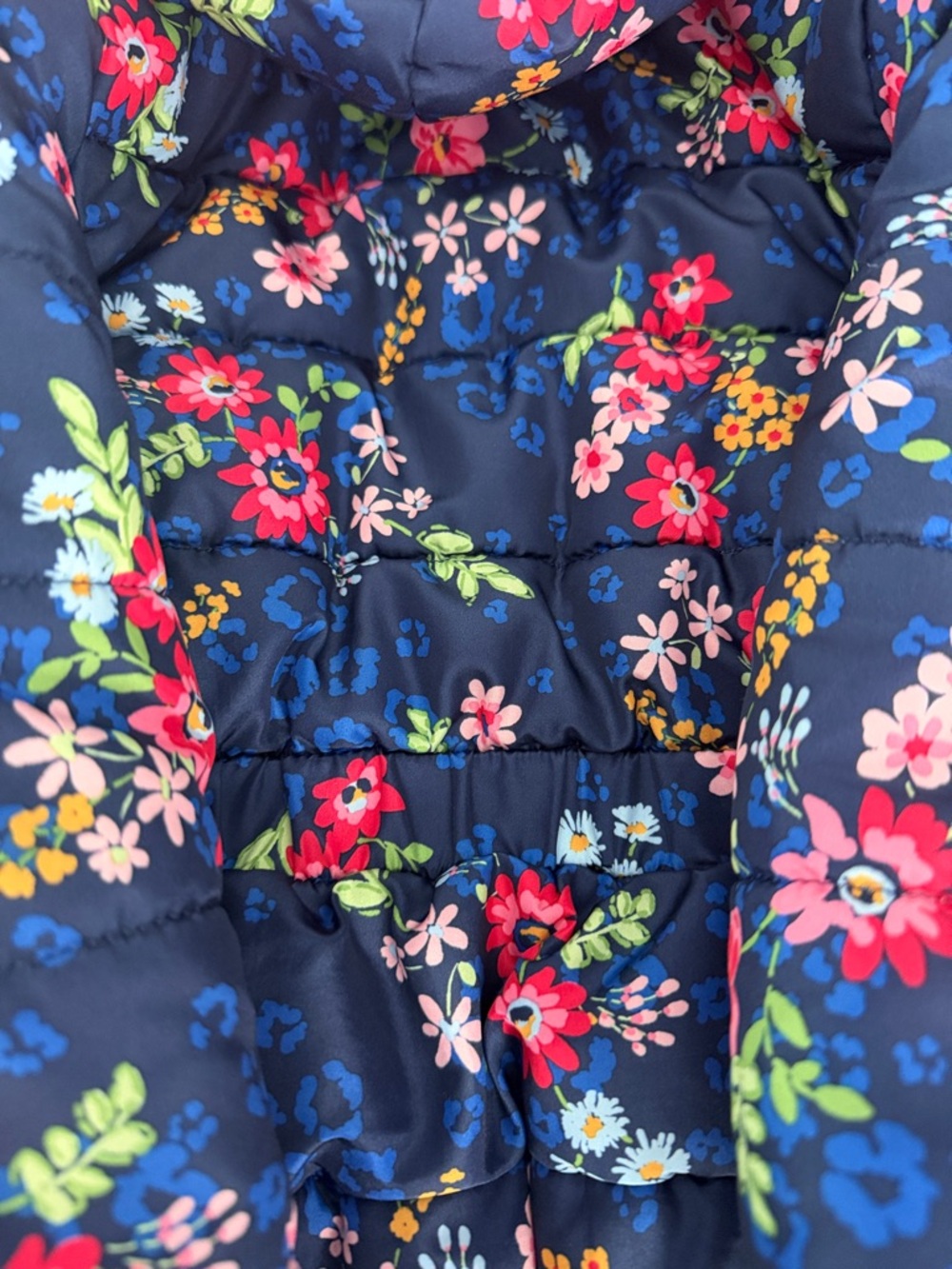 Little Me Navy Floral Hooded Puffer with Pink Lining and Bow - Picture 5 of 7
